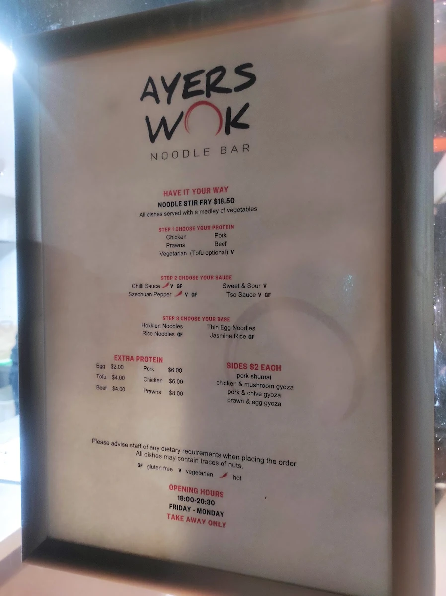 Menu, Ayers Wok
