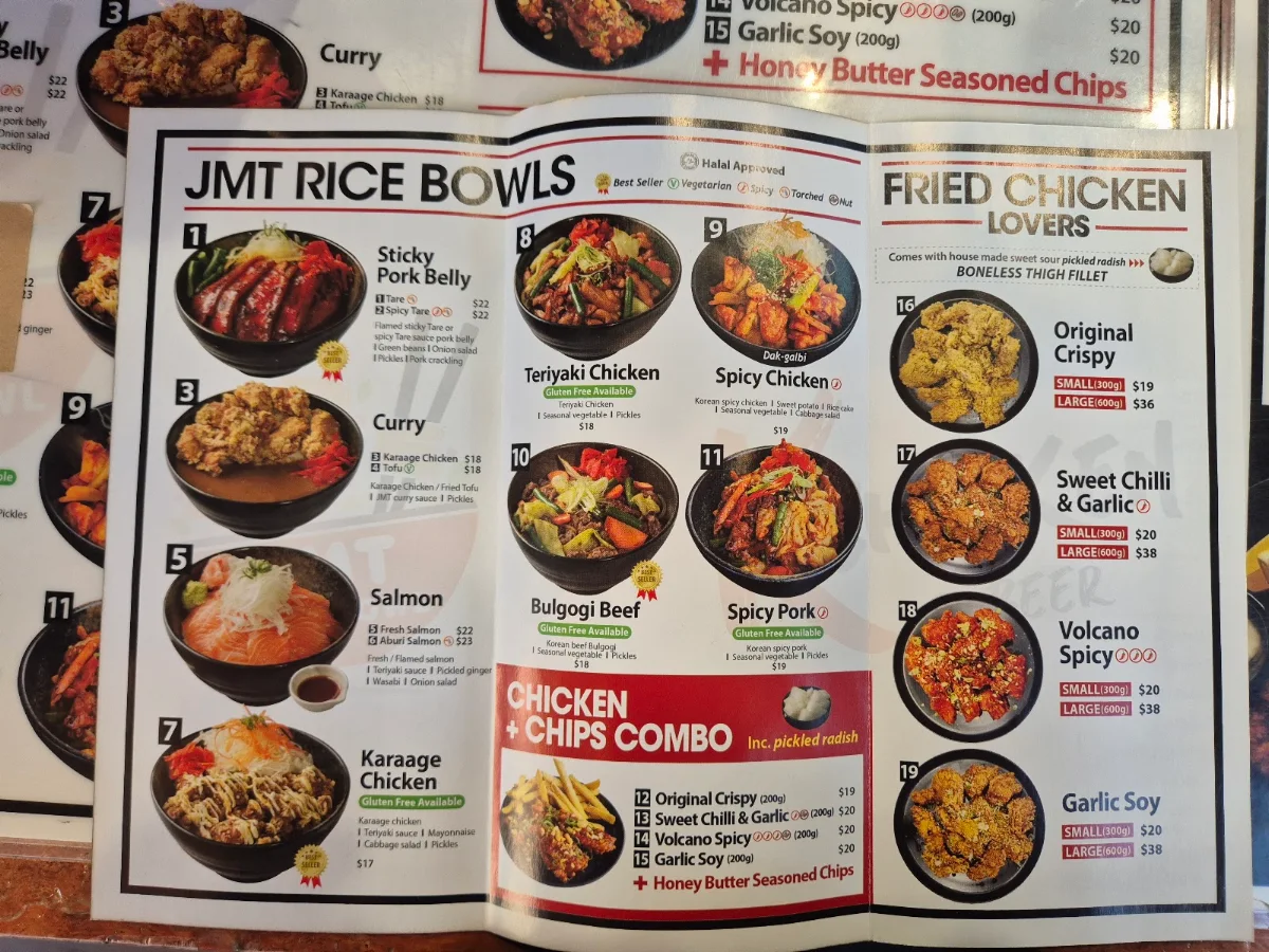 Menu, JMT Rice bowl and K-chicken