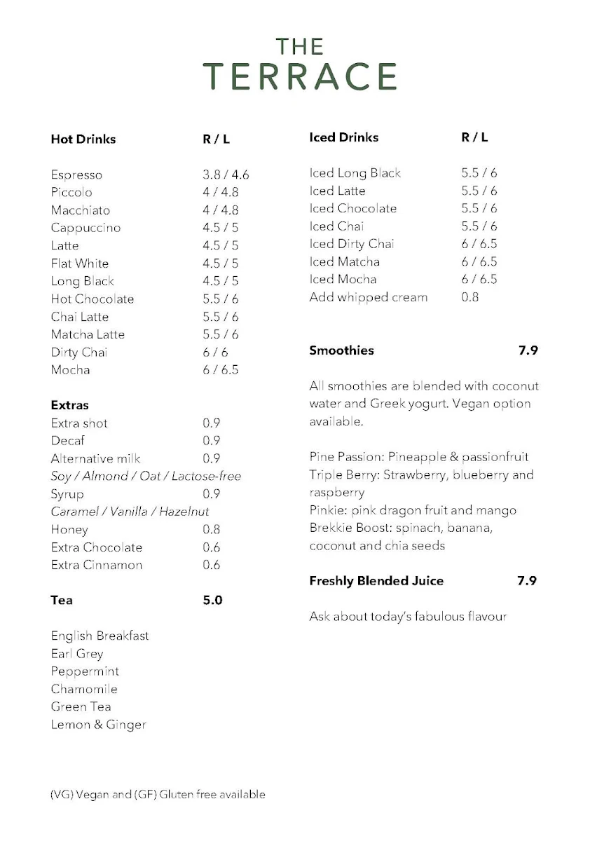 Menu, The Terrace