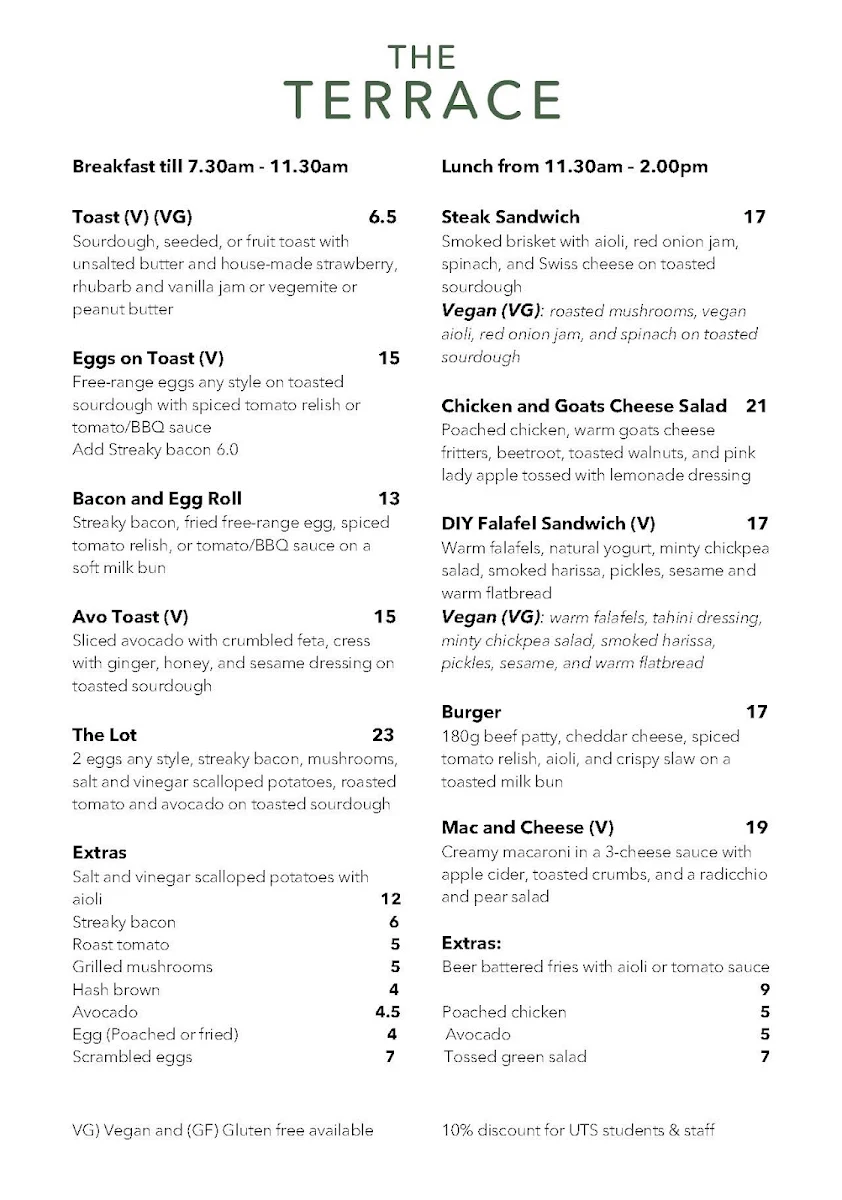 Menu, The Terrace