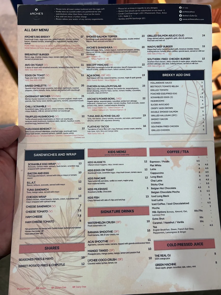 Menu, Archies Cafe co St Ives