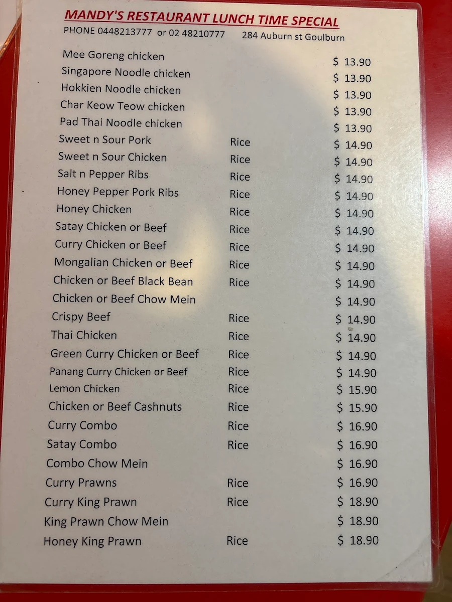 Menu, Mandy's Restaurant