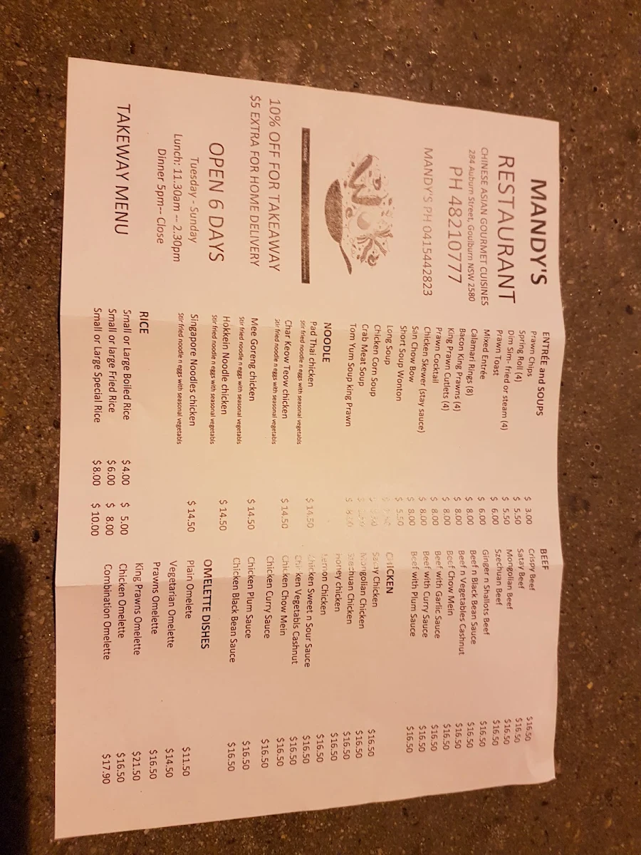 Menu, Mandy's Restaurant