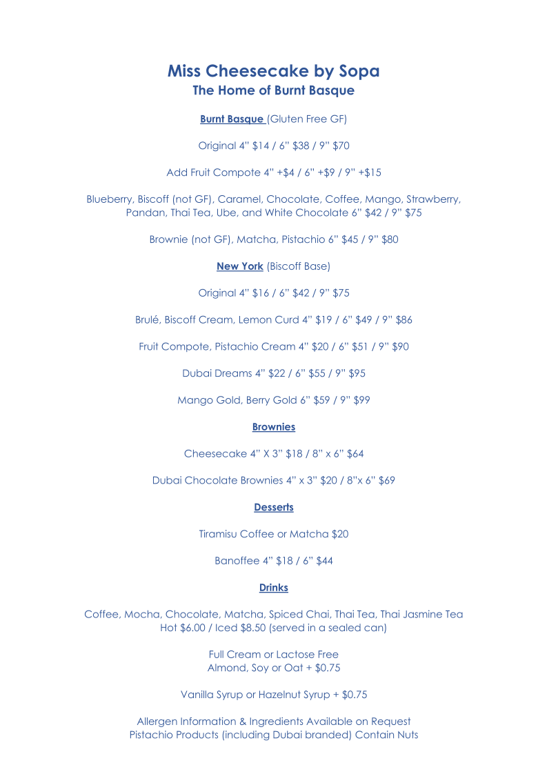 Menu, Miss Cheesecake By Sopa