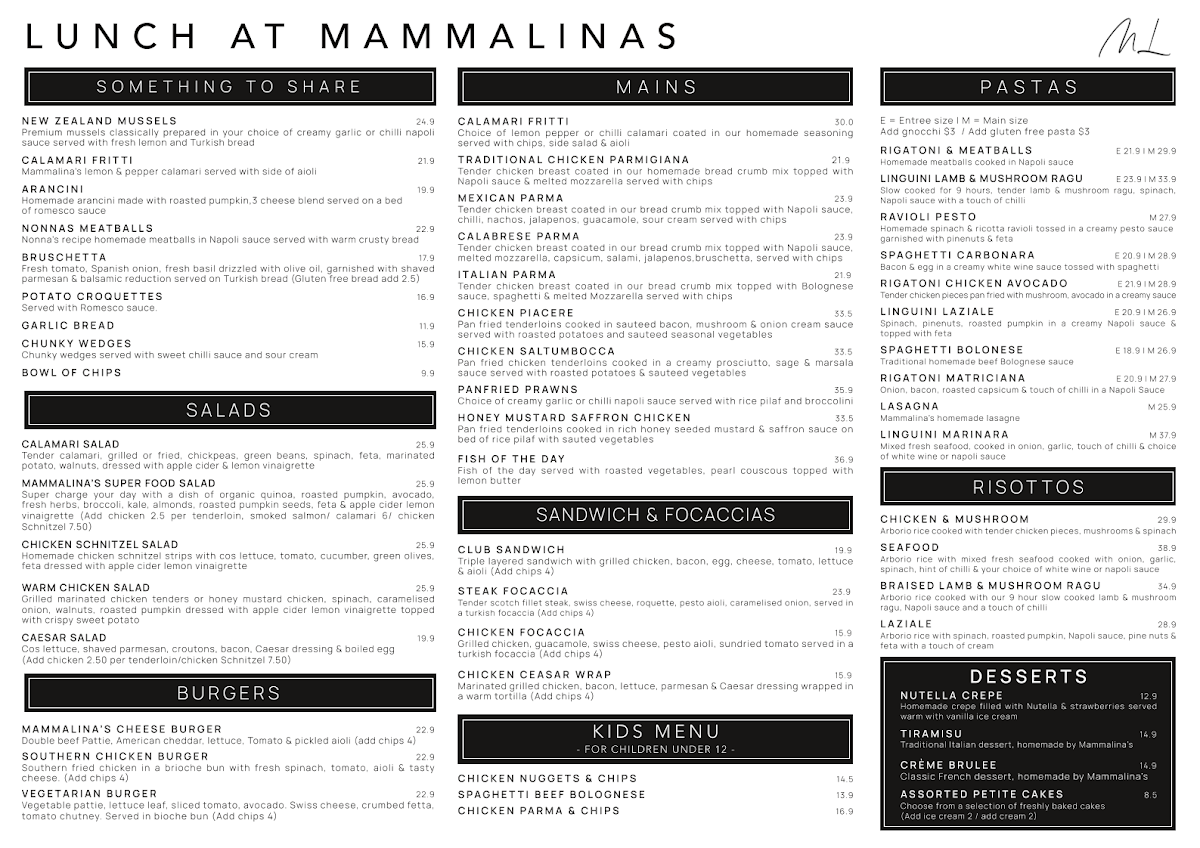 Menu, Mamma Lina's Bar Cafe