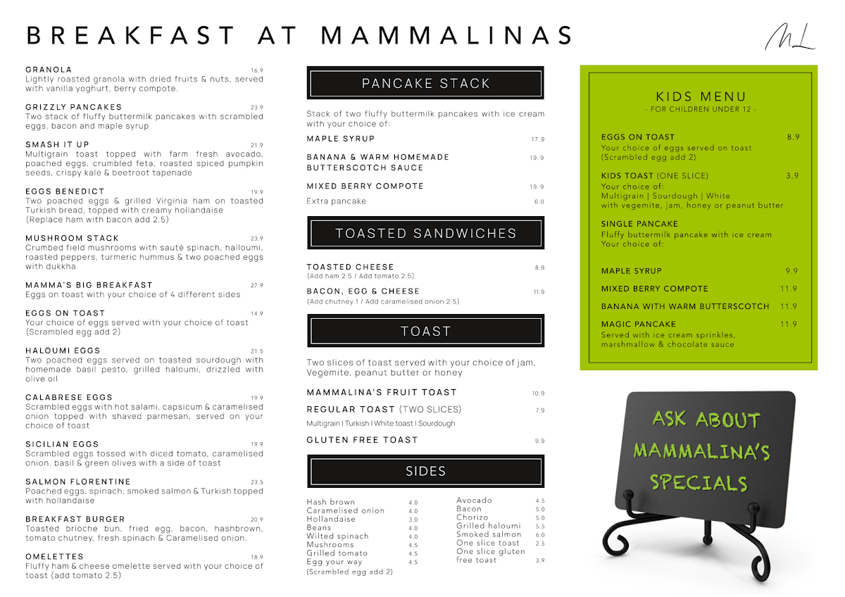 Menu, Mamma Lina's Bar Cafe