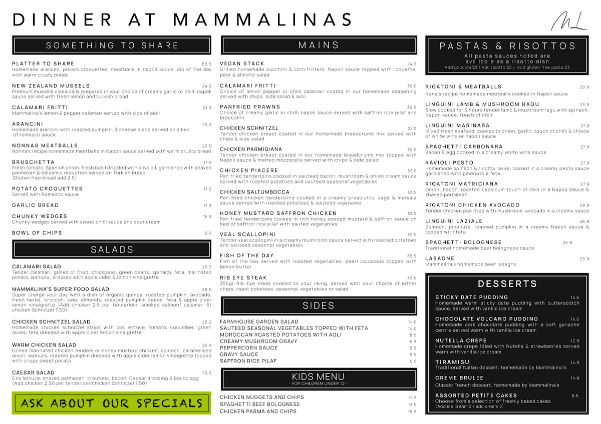 Menu, Mamma Lina's Bar Cafe