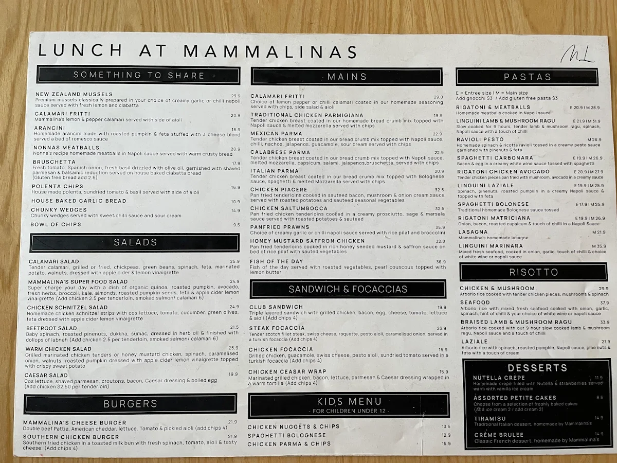 Menu, Mamma Lina's Bar Cafe