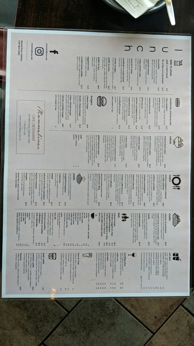 Menu, Mamma Lina's Bar Cafe