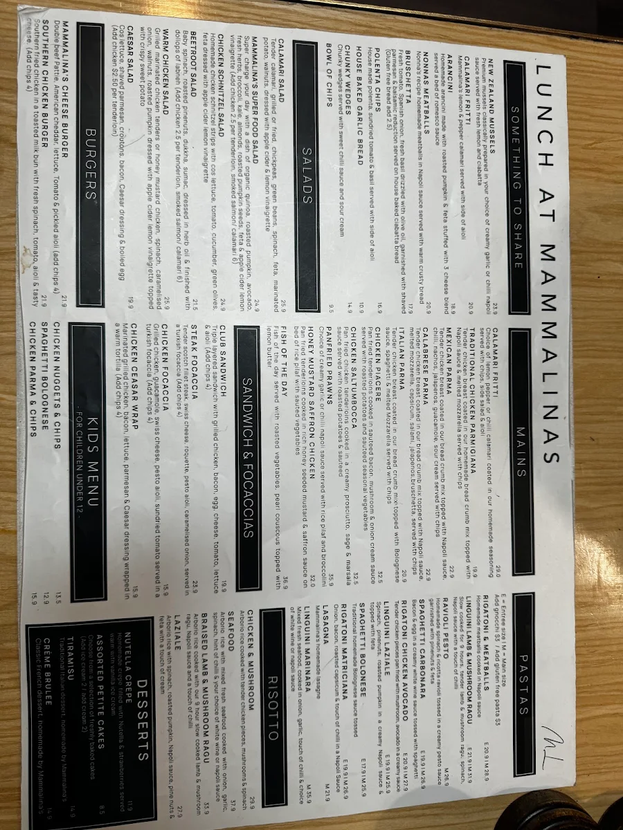 Menu, Mamma Lina's Bar Cafe