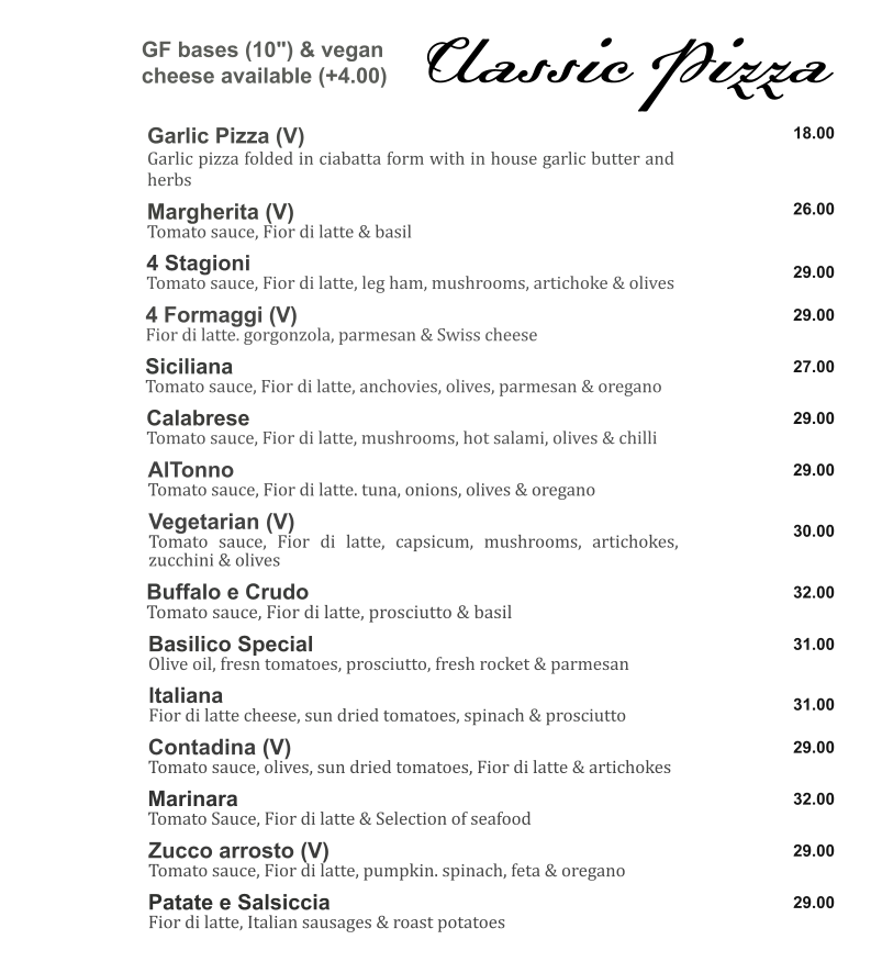 Menu, Basilico Prospect- Authentic Wood Fired Pizza