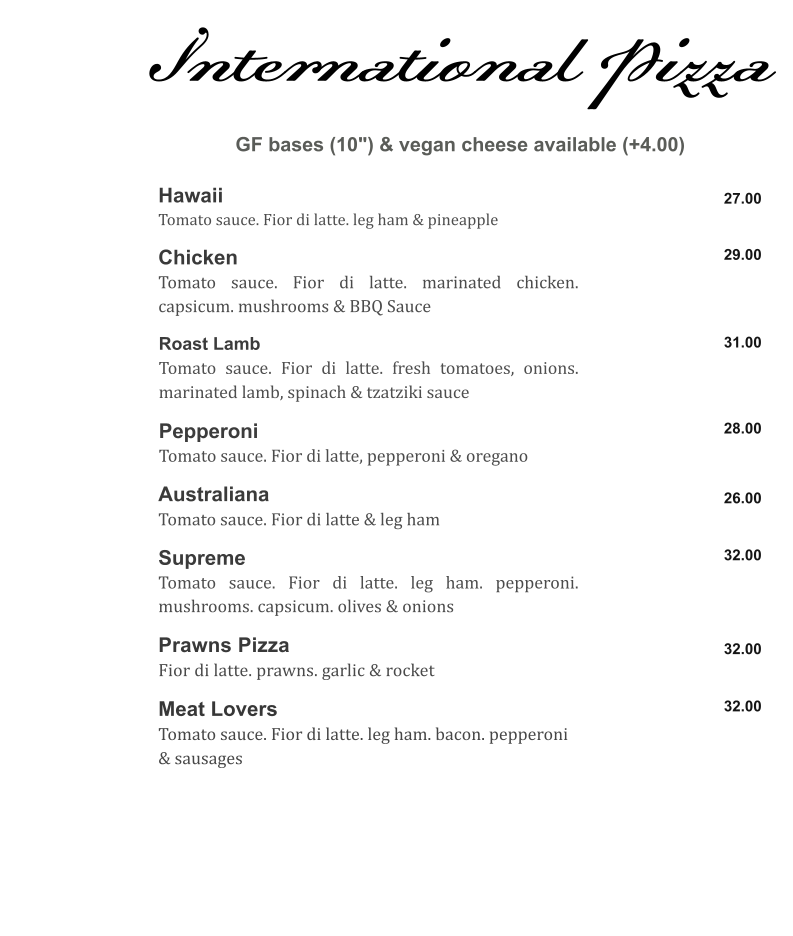 Menu, Basilico Prospect- Authentic Wood Fired Pizza