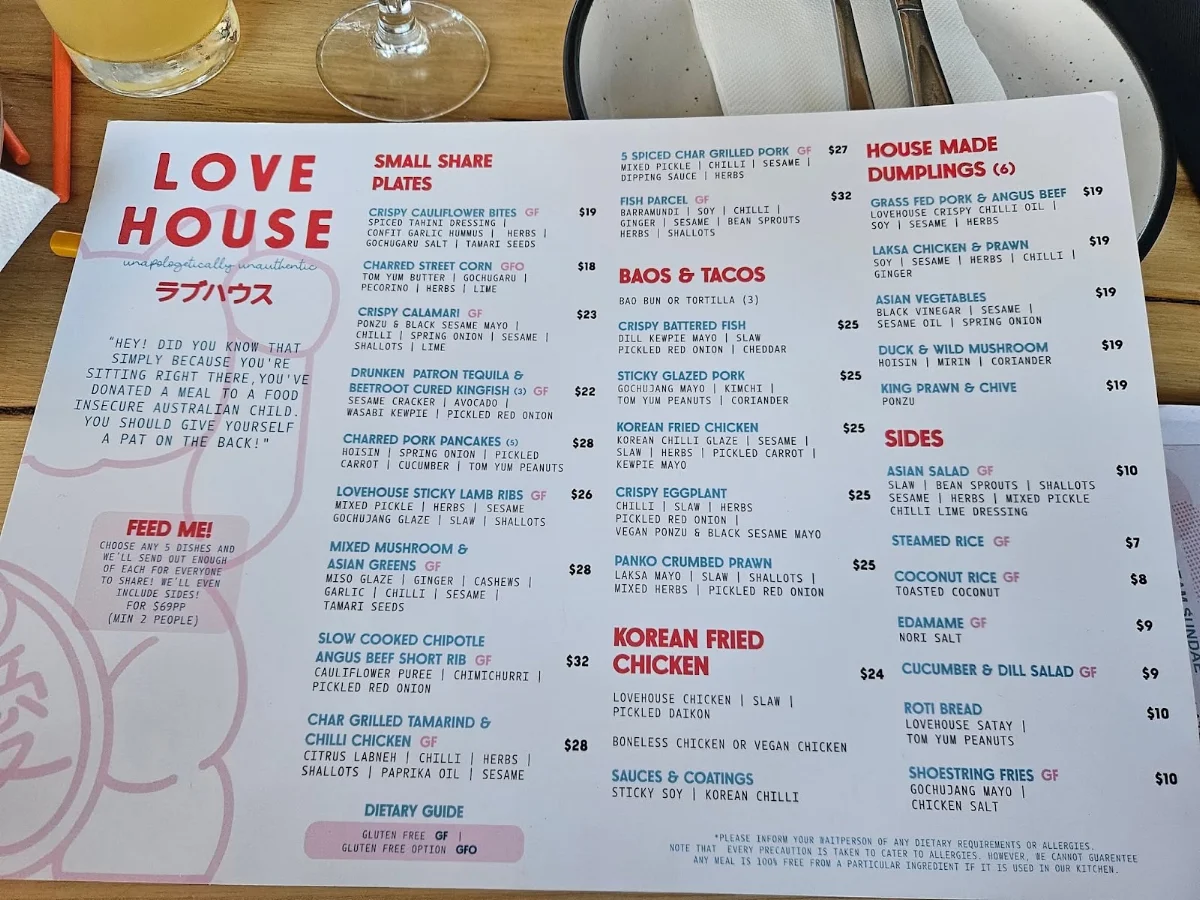 Menu, Lovehouse Anglesea