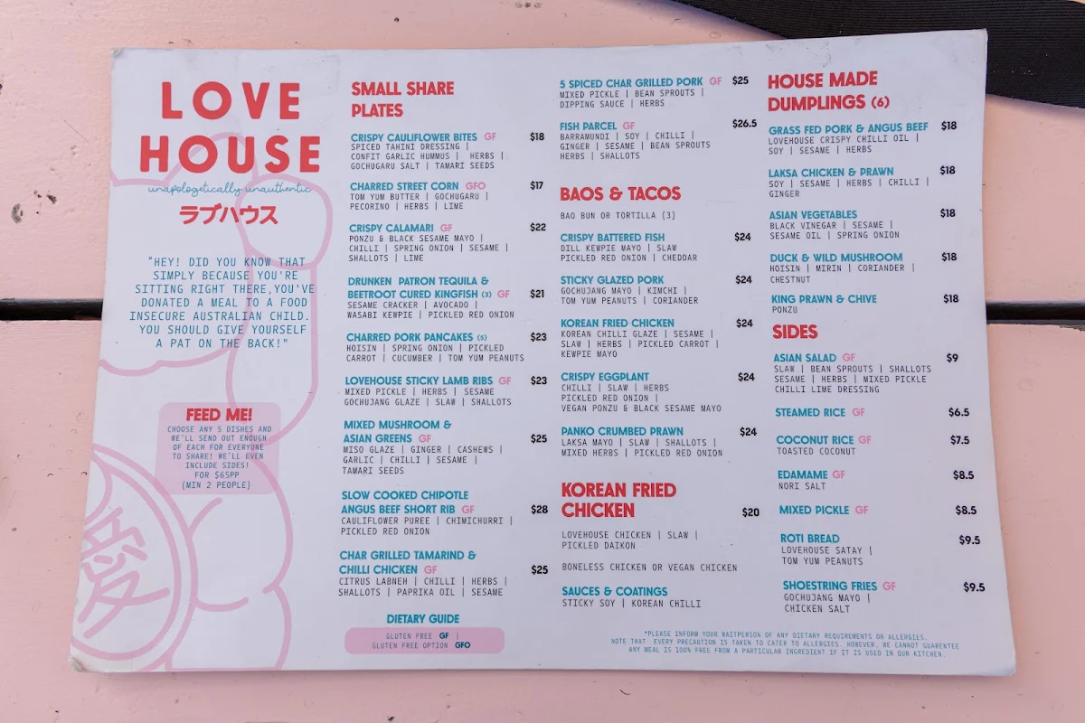 Menu, Lovehouse Anglesea