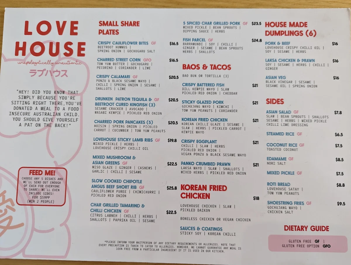 Menu, Lovehouse Anglesea