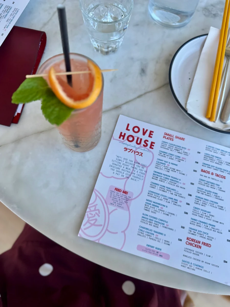 Menu, Lovehouse Anglesea