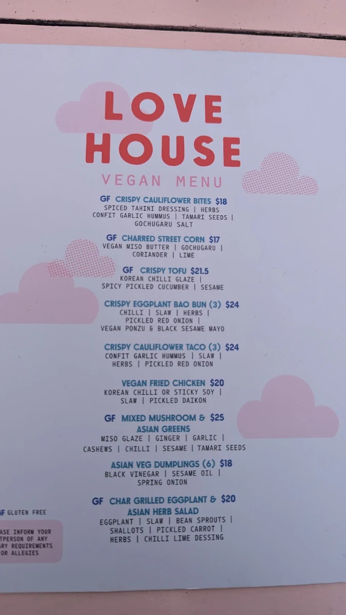 Menu, Lovehouse Anglesea