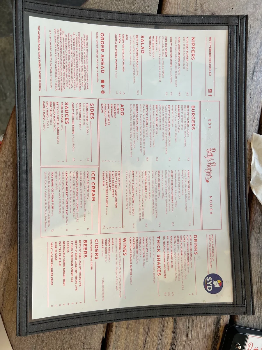 Menu, Betty's Burgers