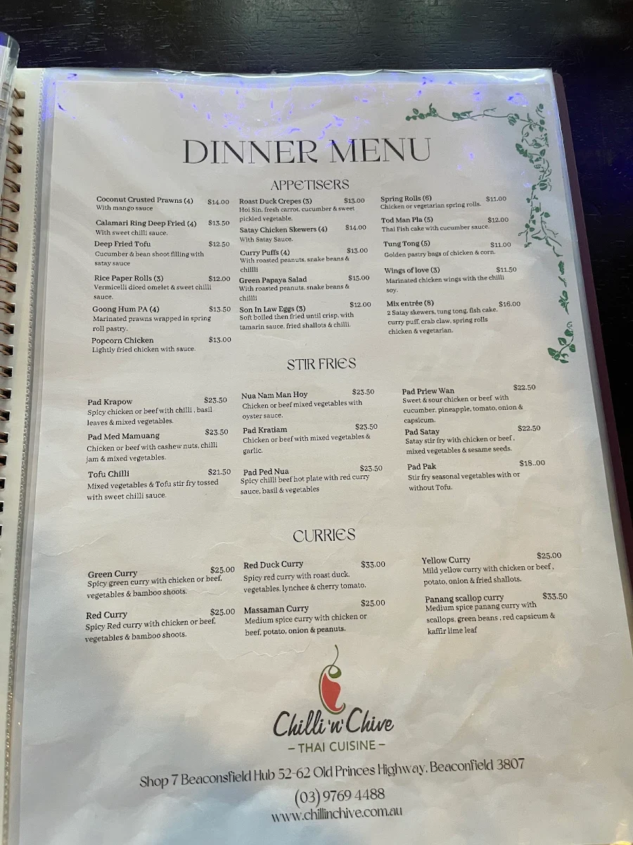 Menu, Chilli n Chive - Thai Cuisine Beaconsfield