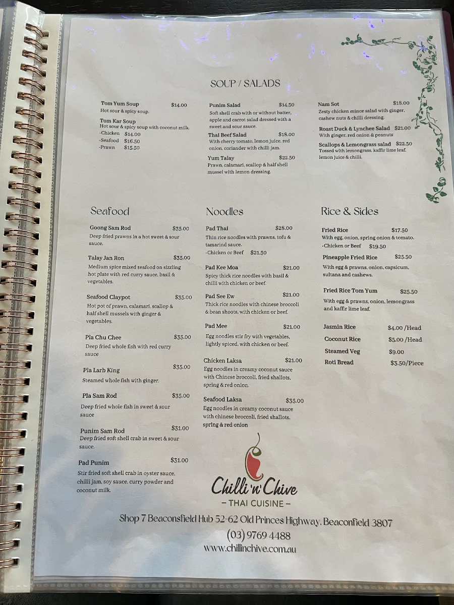 Menu, Chilli n Chive - Thai Cuisine Beaconsfield