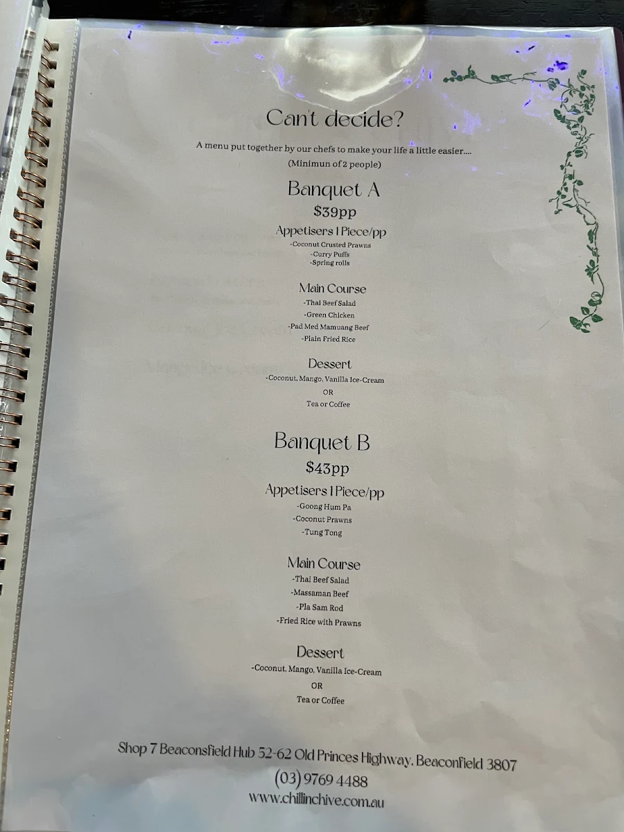 Menu, Chilli n Chive - Thai Cuisine Beaconsfield