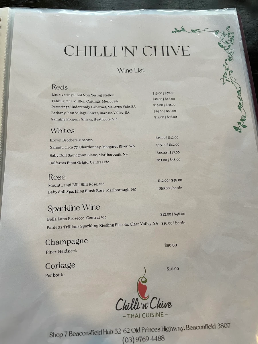Menu, Chilli n Chive - Thai Cuisine Beaconsfield