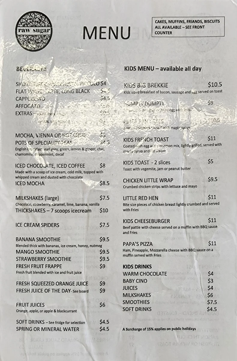 Menu, Raw Sugar Cafe