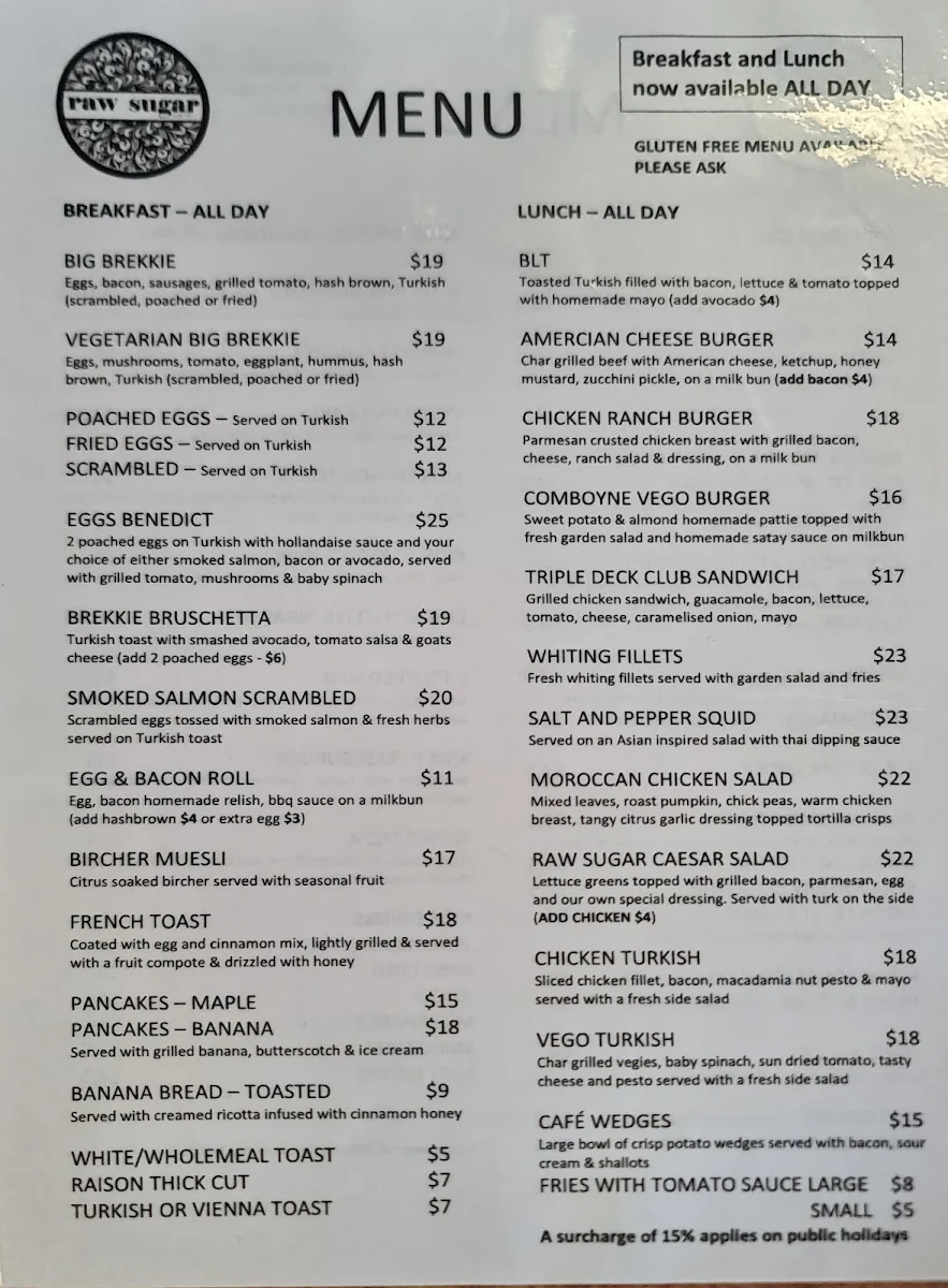 Menu, Raw Sugar Cafe