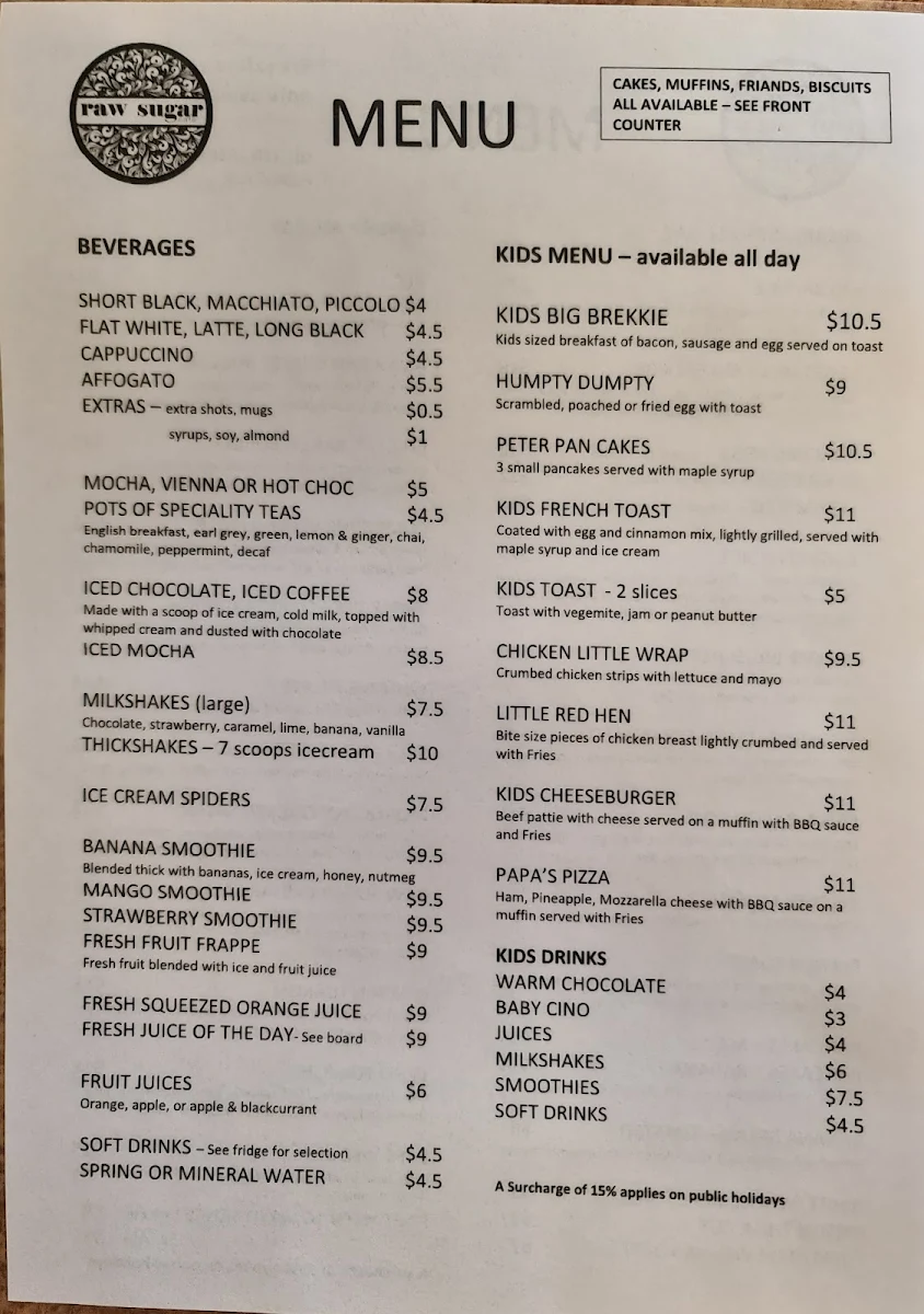 Menu, Raw Sugar Cafe