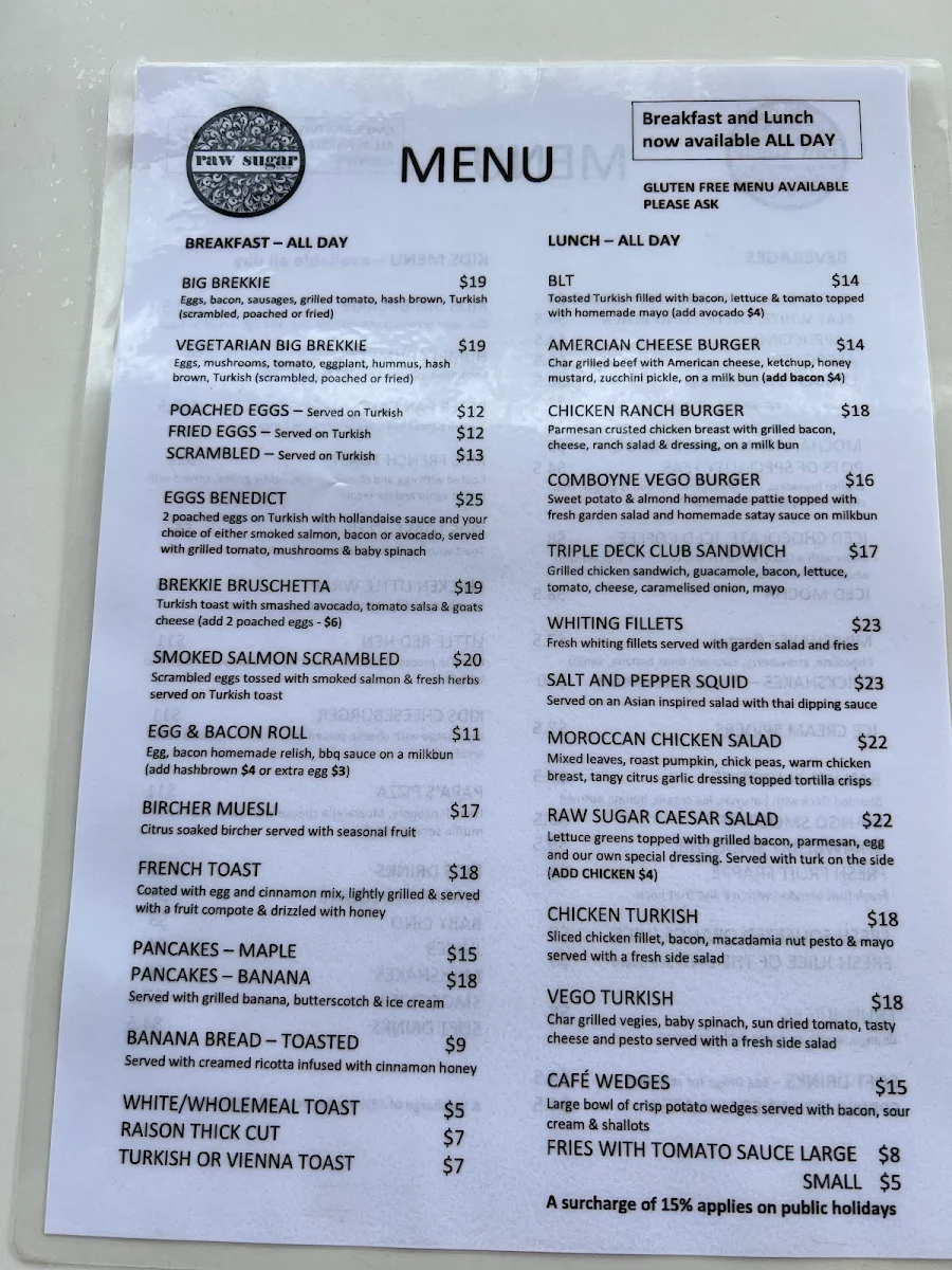 Menu, Raw Sugar Cafe