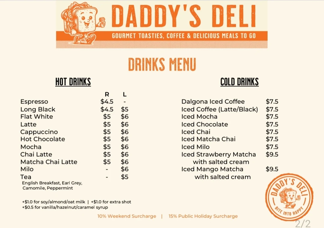 Menu, Daddy's Deli
