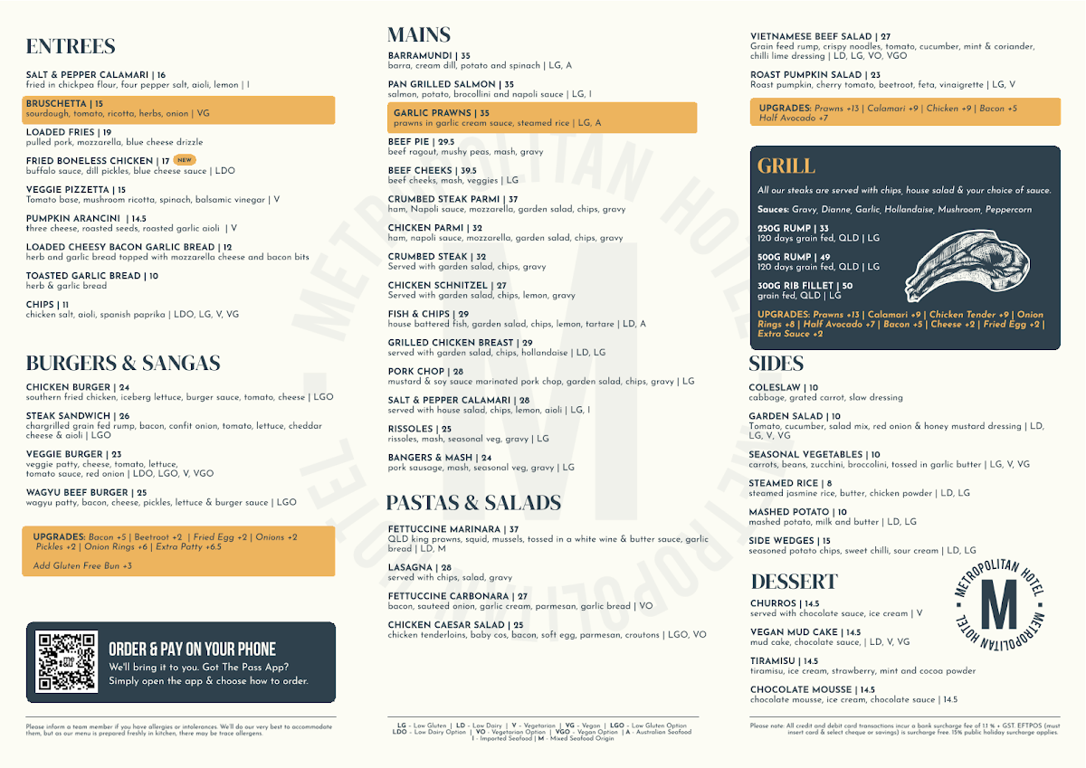 Menu, Metropolitan Hotel