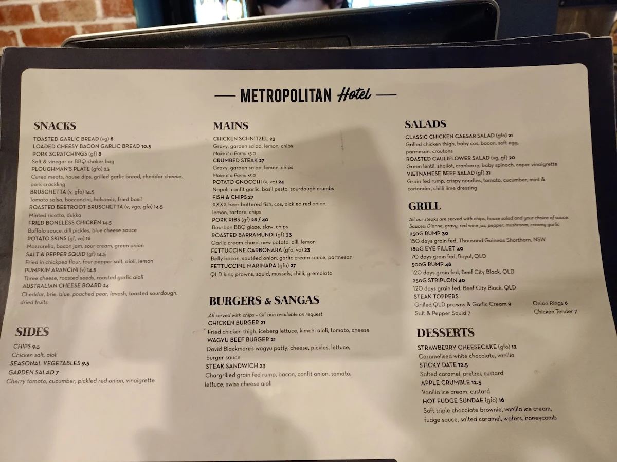 Menu, Metropolitan Hotel