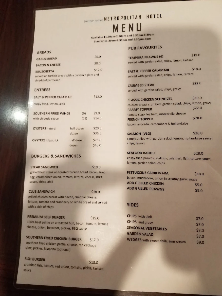 Menu, Metropolitan Hotel