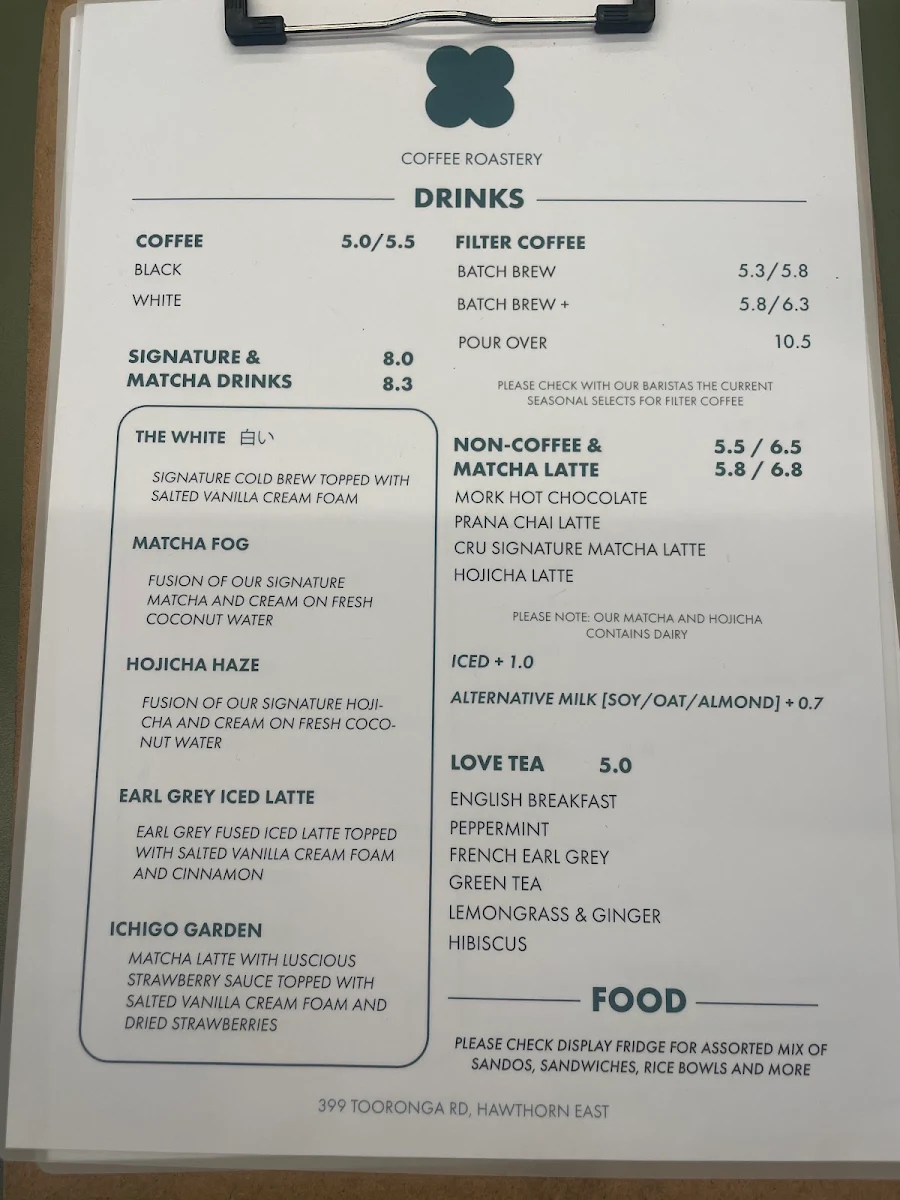 Menu, Cru+ Coffee Roastery