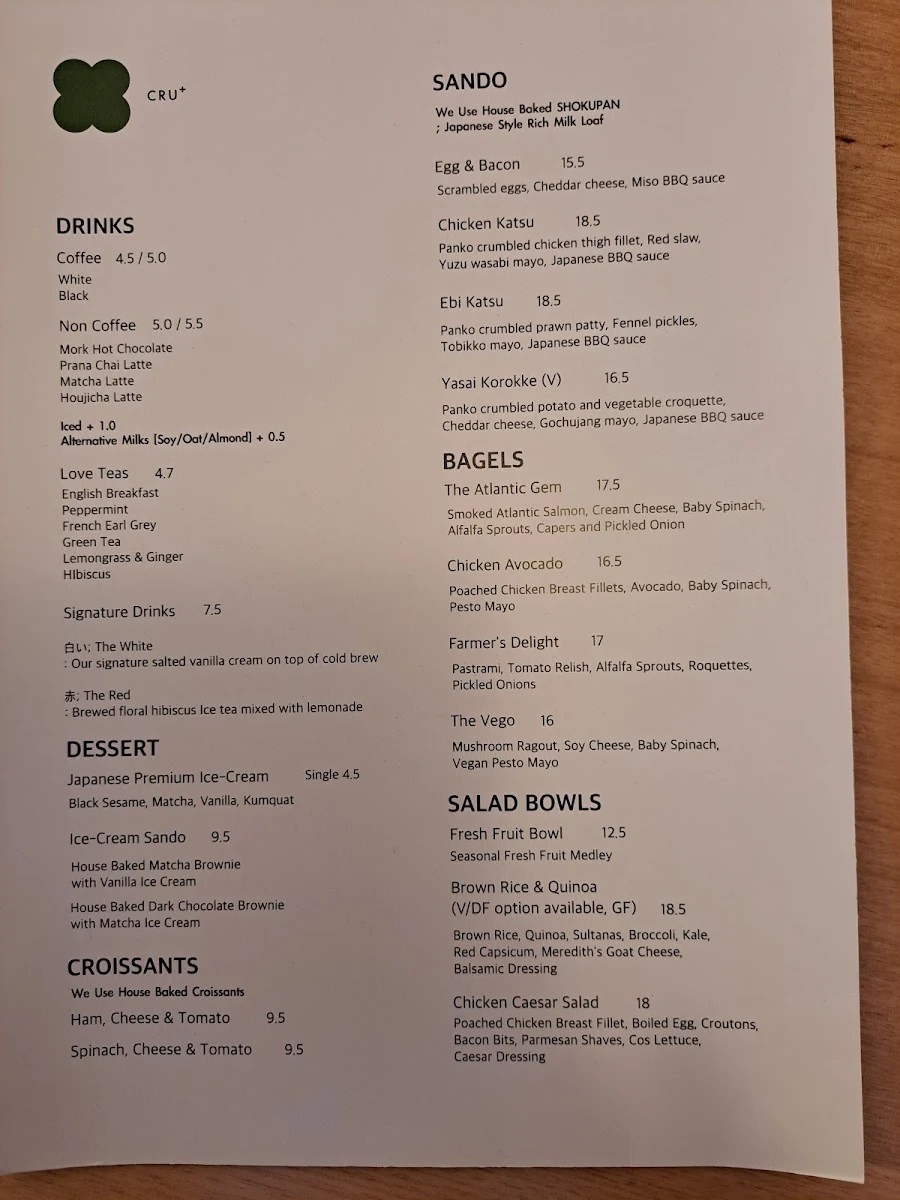 Menu, Cru+ Coffee Roastery