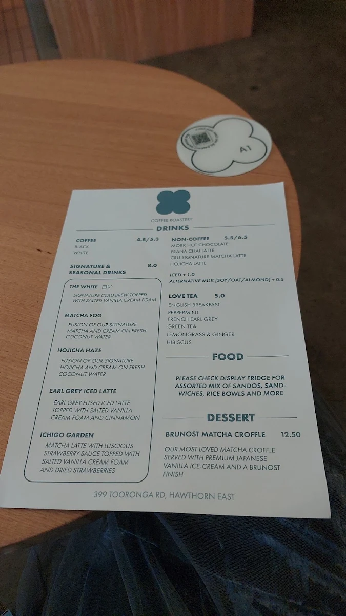 Menu, Cru+ Coffee Roastery