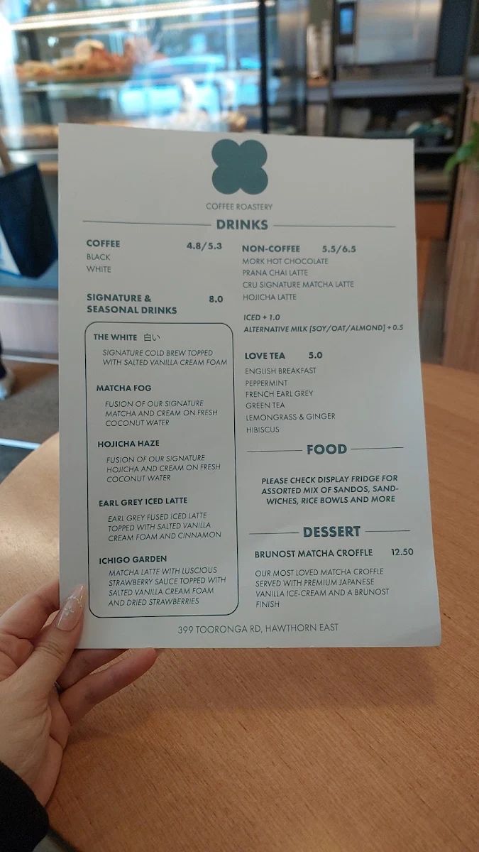 Menu, Cru+ Coffee Roastery