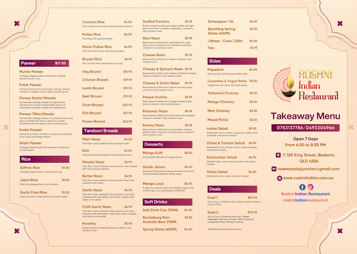 Menu, Roshni Indian Restaurant, Buderim