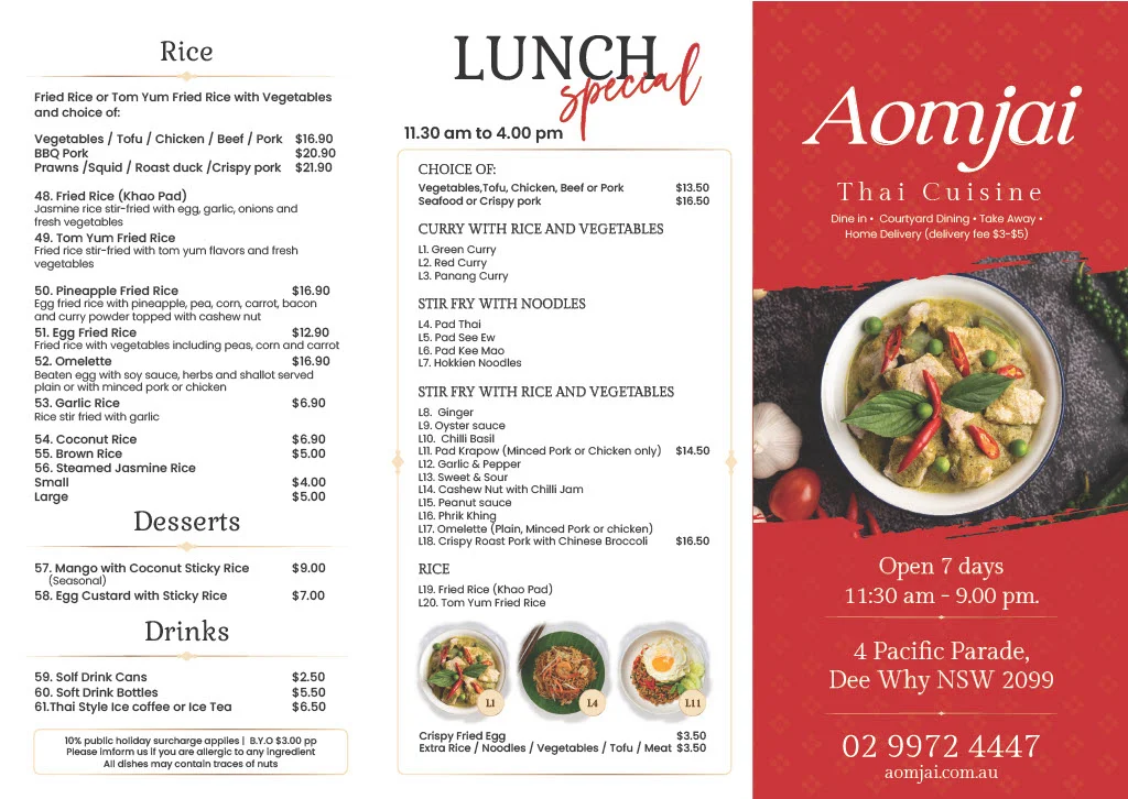 Menu, Aomjai Thai Cuisine Dee Why