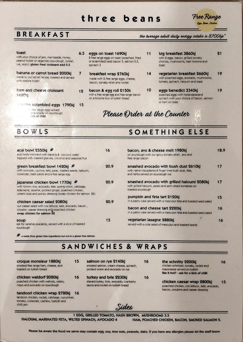 Menu, Three Beans