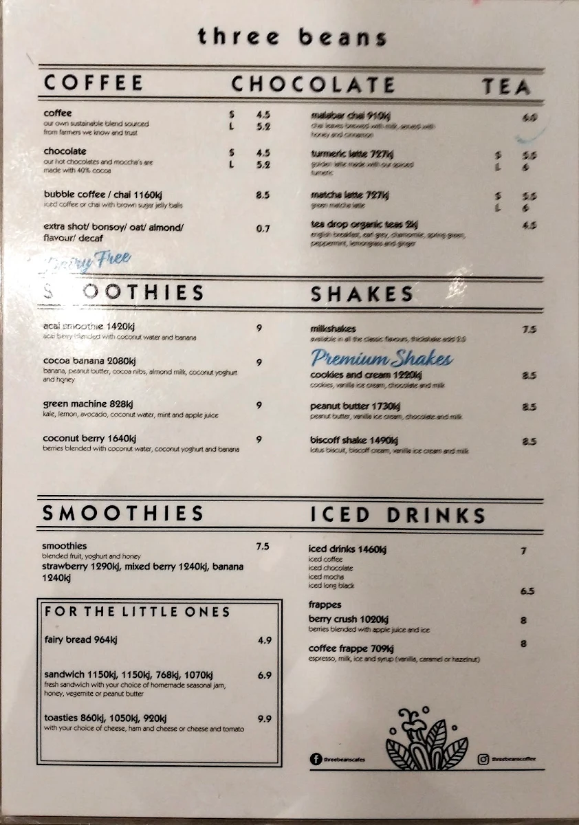 Menu, Three Beans