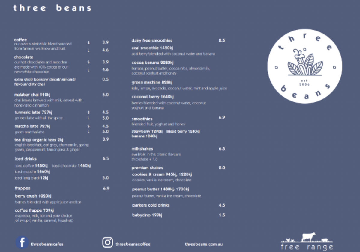 Menu, Three Beans