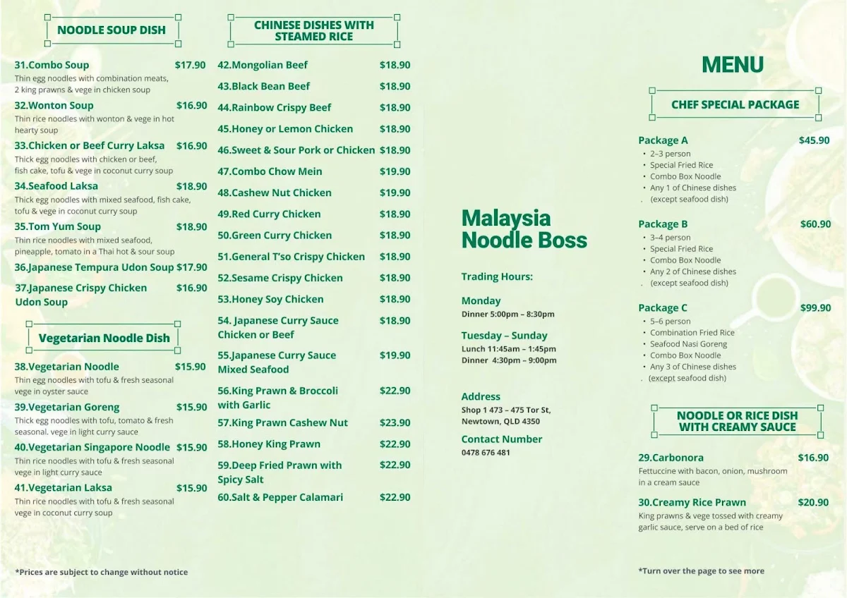 Menu, Malaysia Noodle Boss