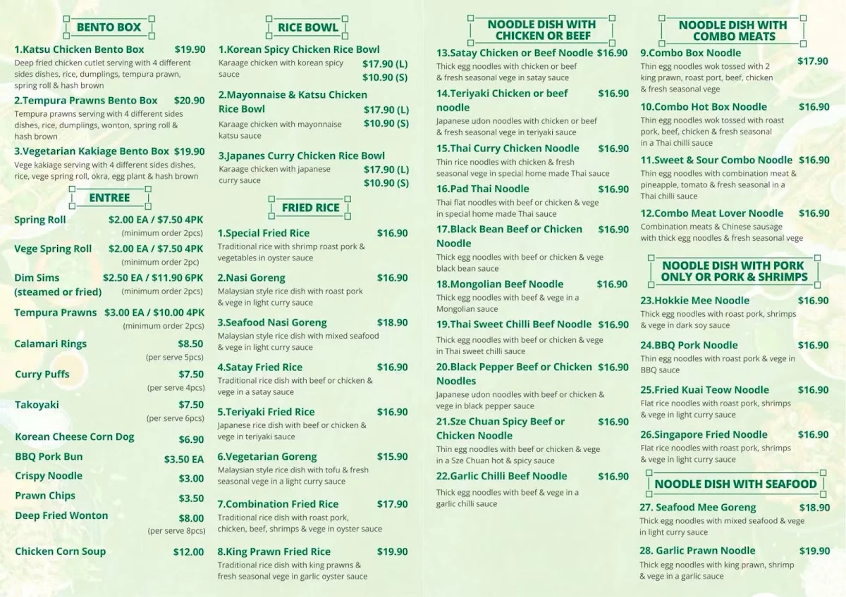 Menu, Malaysia Noodle Boss