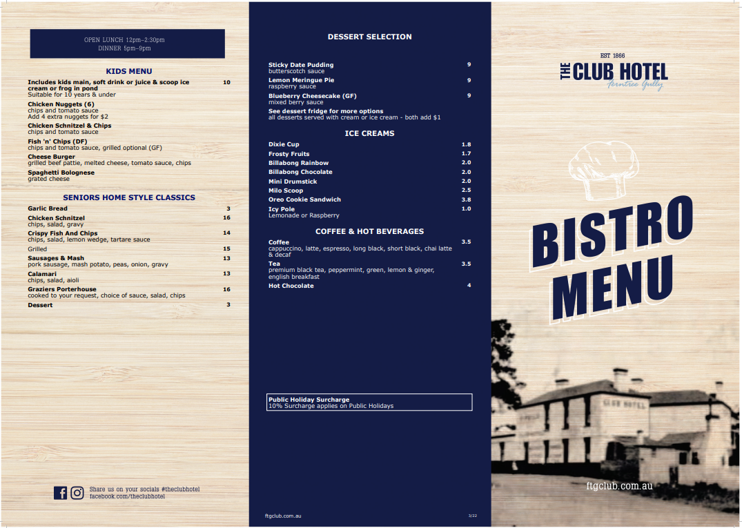 Menu, The Club Hotel