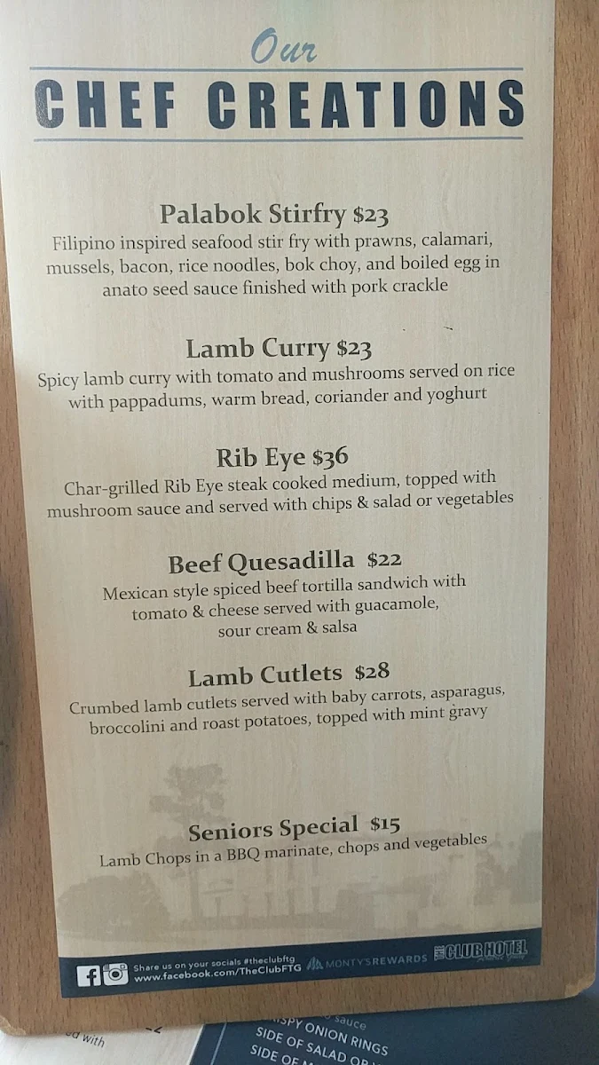 Menu, The Club Hotel
