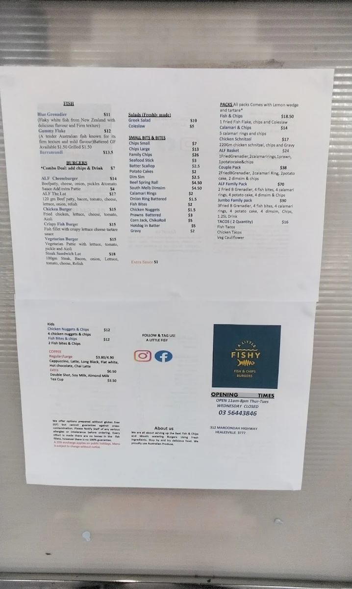 Menu, A Little Fishy Healesville