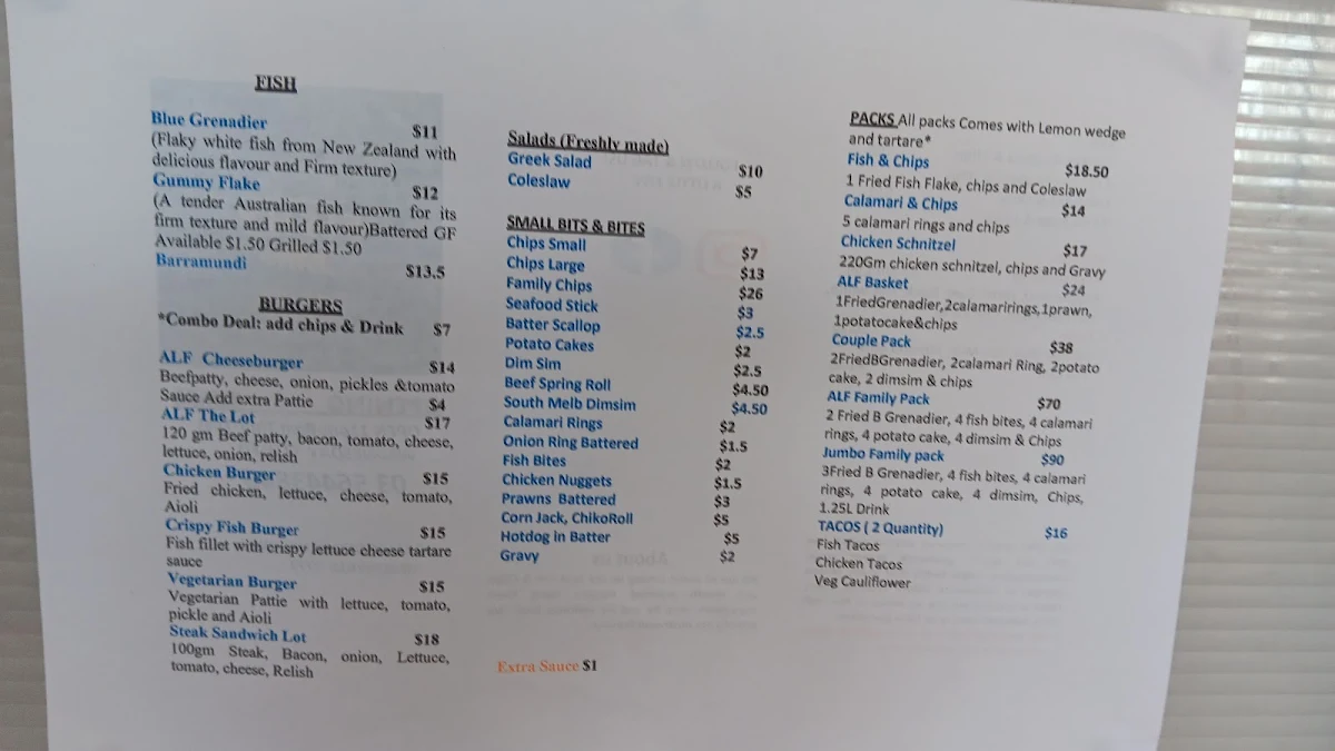 Menu, A Little Fishy Healesville