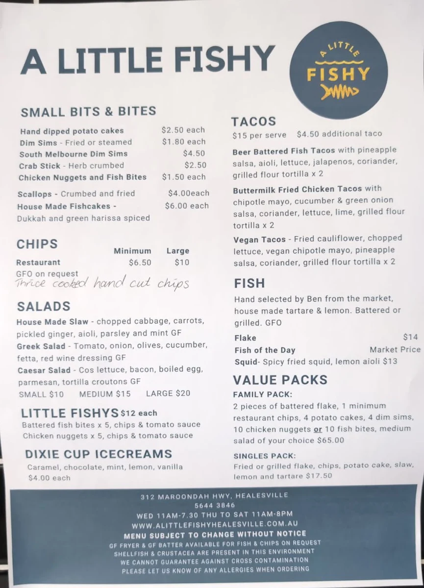 Menu, A Little Fishy Healesville